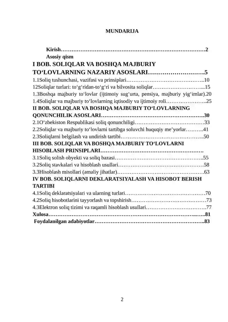 SOLIQLAR VA BOSHQA MAJBURIY TO'LOVLAR HISOBI 2