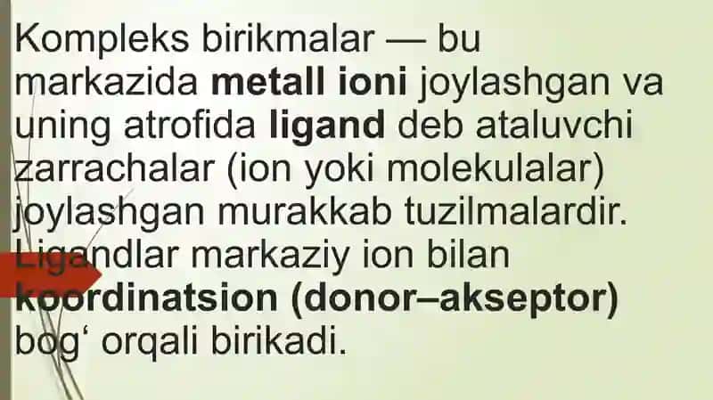 Kompleks birikmalar eritmadagi muvozanati, koordinatsion qobiqdagi ligandlarning o‘zaro ta’sirlashuvi 2