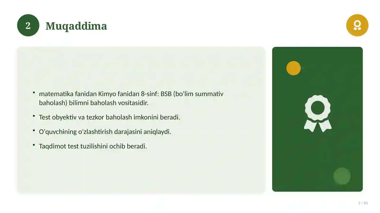Kimyo fanidan 8-sinf: BSB (bo'lim summativ baholash) 2