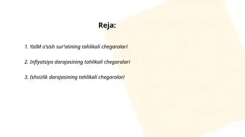 Iqtisodiy xavfsizlik ko'rsatkichlarining tahlikali chegaralari 2