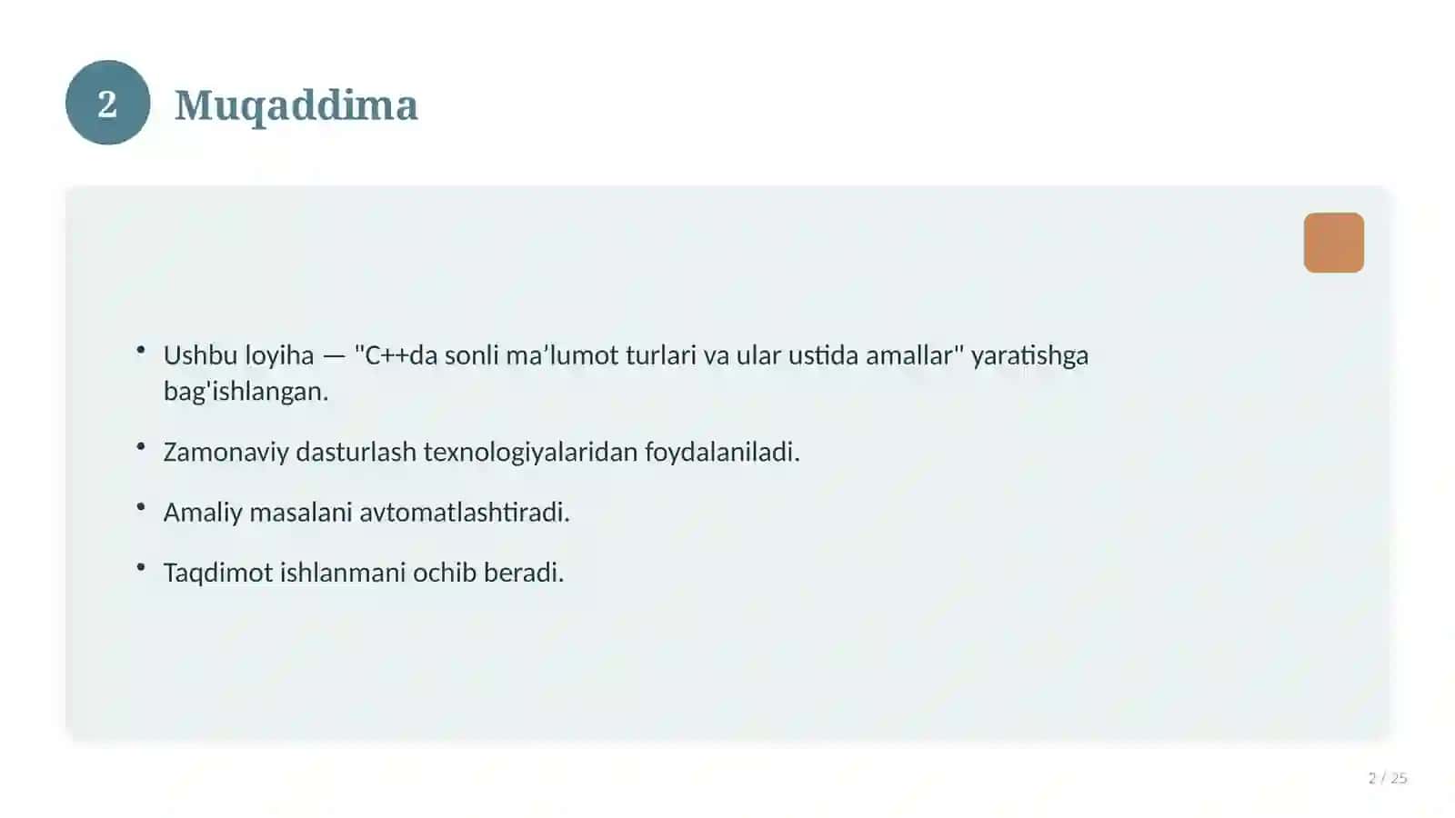C++da sonli ma’lumot turlari va ular ustida amallar 2