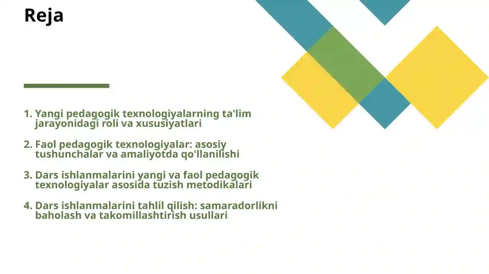 YANGI PEDAGOGIK TEXNOLOGIYALAR VA FAOL PEDAGOGIK TEXNOLOGIYALAR ASOSIDA DARS ISHLANMALARINI TUZISH VA TAHLIL QILISH 2