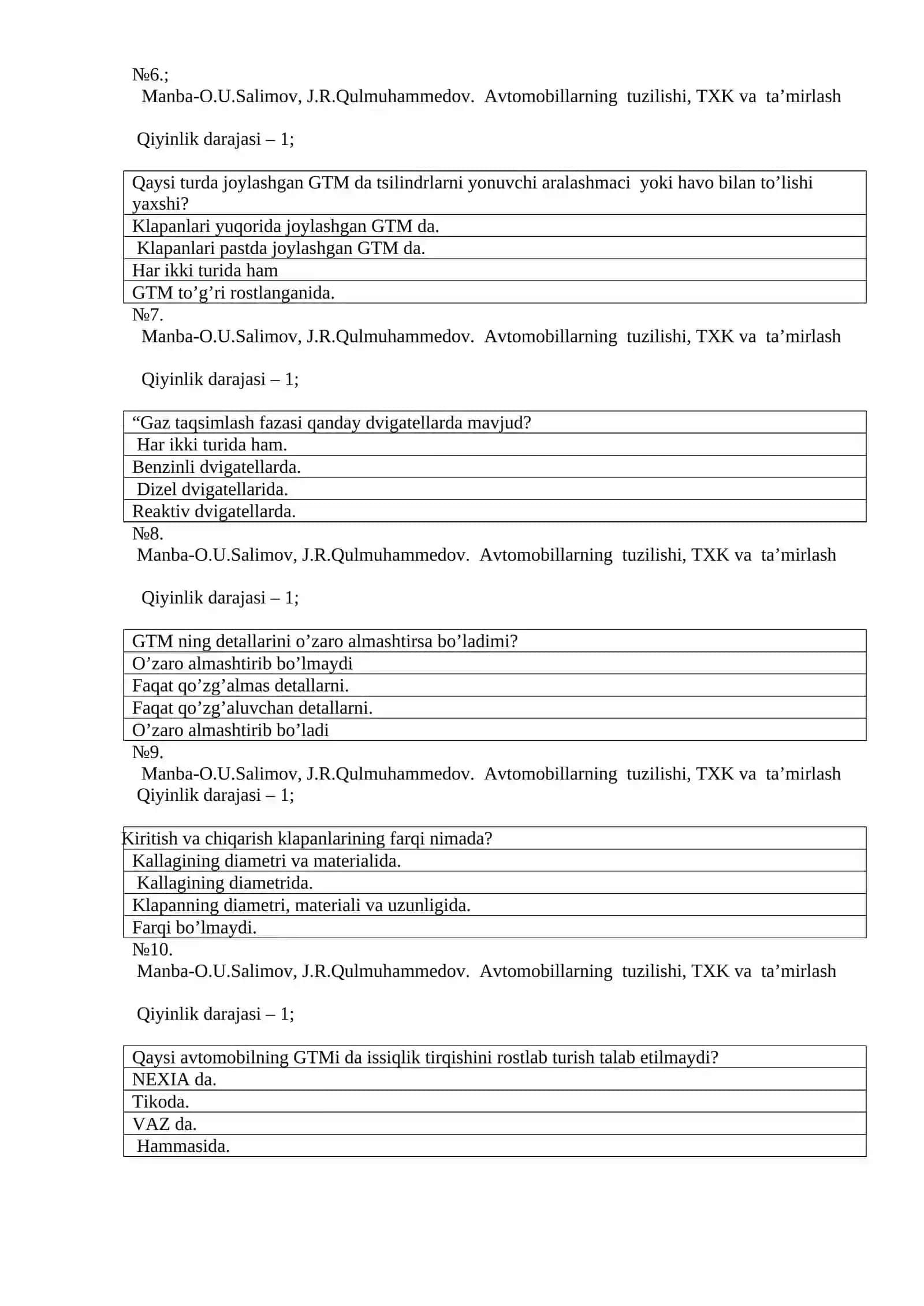 B” TOIFALI TRANSPORT VOSITALARINI TUZILISHI VA ULARGA TEXNIK XIZMAT KO’RSATISH 2