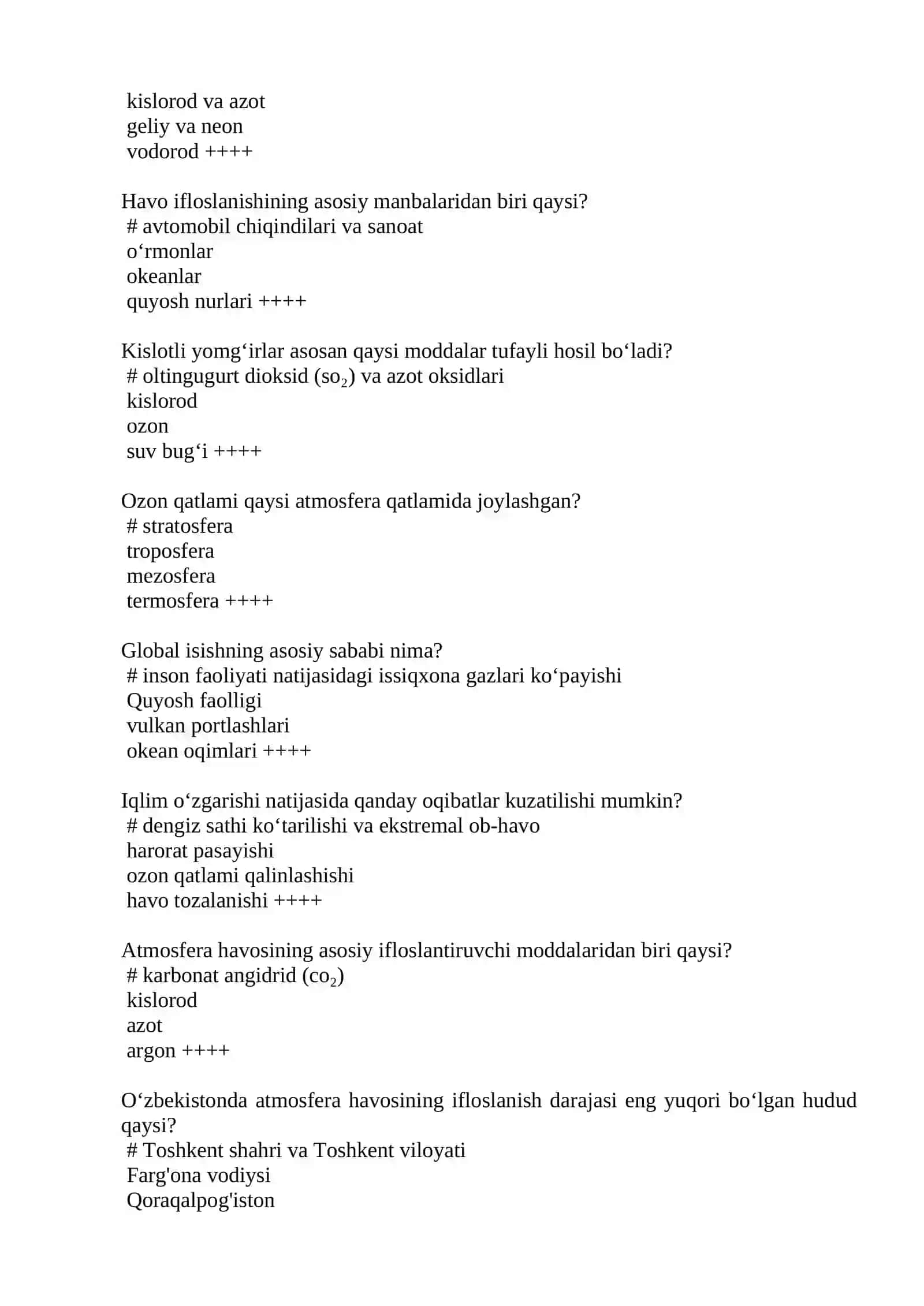 Atrof-muhit muhofazasi yakuniy nazorat kodlangan test 2