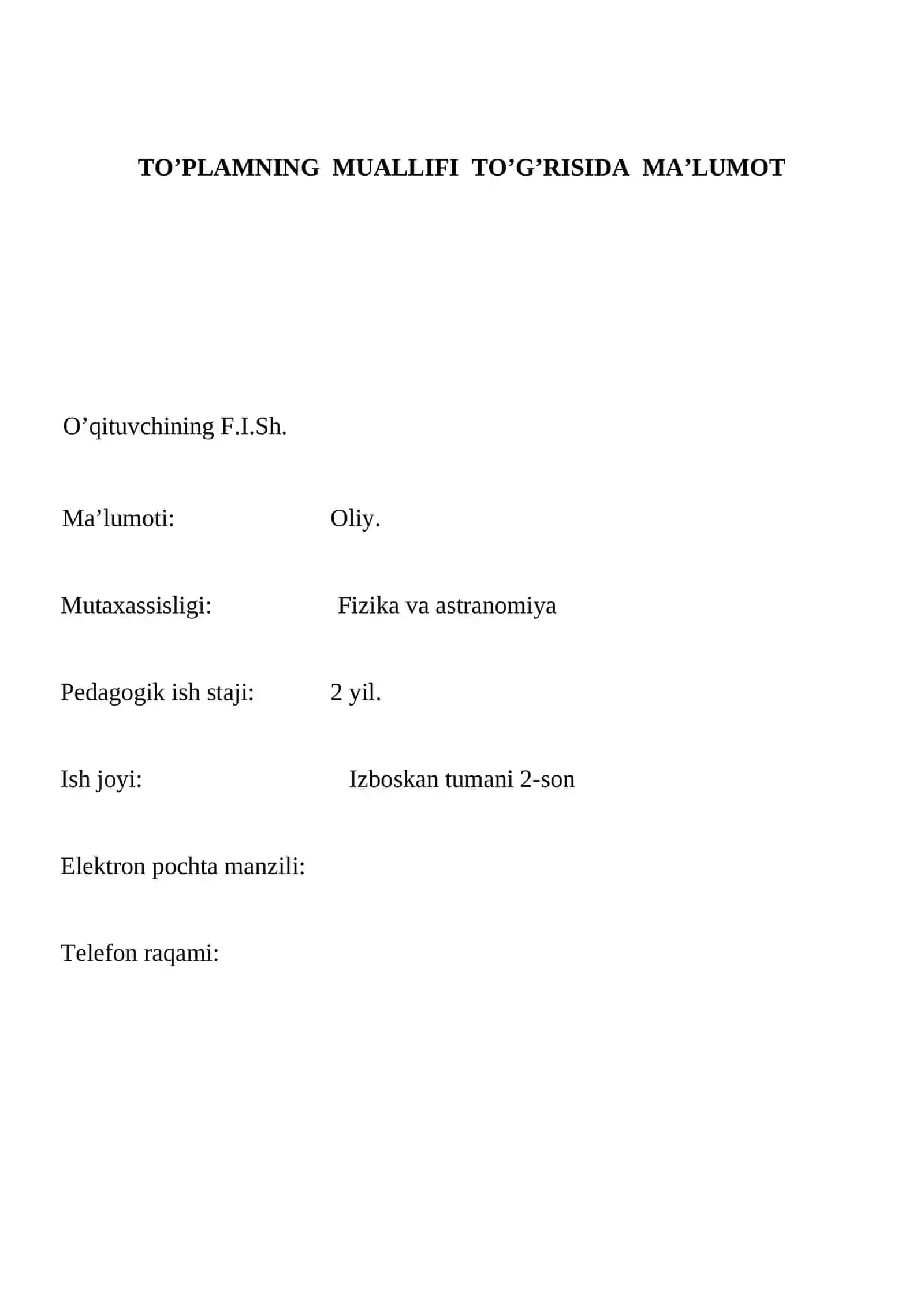 Fizika va Astranomiya fanidan O’QITISH MATERIALLARI TO’PLAMI 2