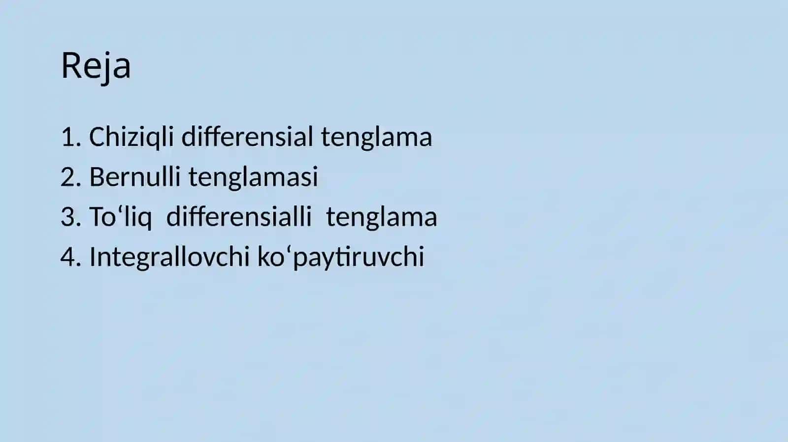 Birinchi tartibli chiziqli va Bernulli tenglamalari.Tola differensiallitenglama 2