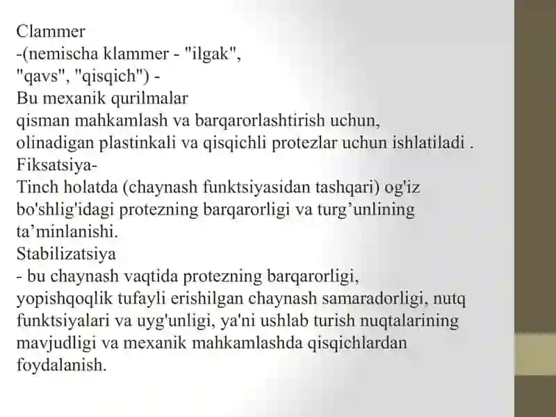 Olinadigan tishprotezlarini tayanch tishlarga tayanib fiksatsiyalash asoslari, klammerlar turlari. 2