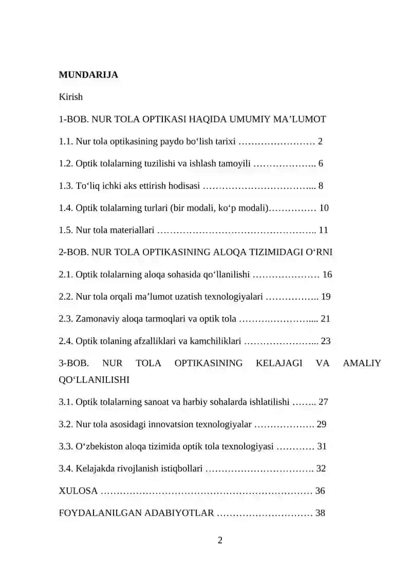 NUR TOLA OPTIKASI VA UNING ALOQA TIZIMIDAGI O'RNI. 2