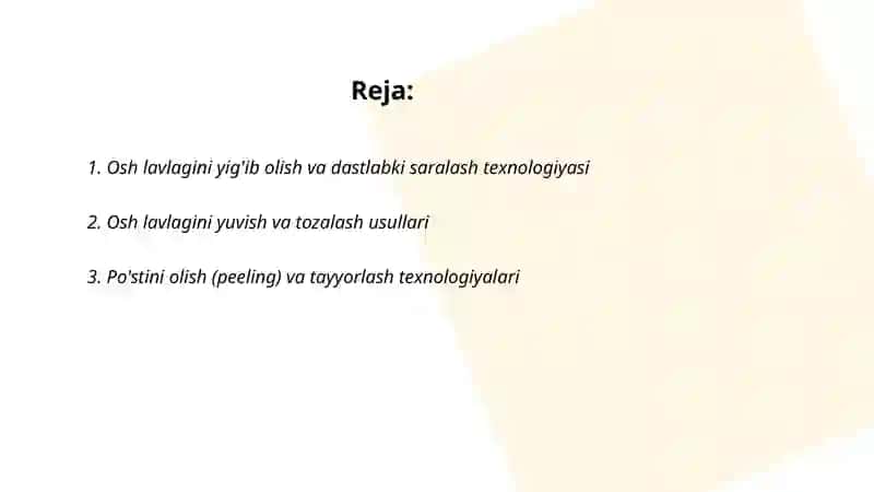 Osh lavlagini qayta ishlash texnologiyasi 2