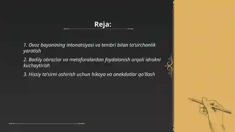 Tinglovchiga ta'sirchanlikni oshirish usullari va badiiy idrok 2