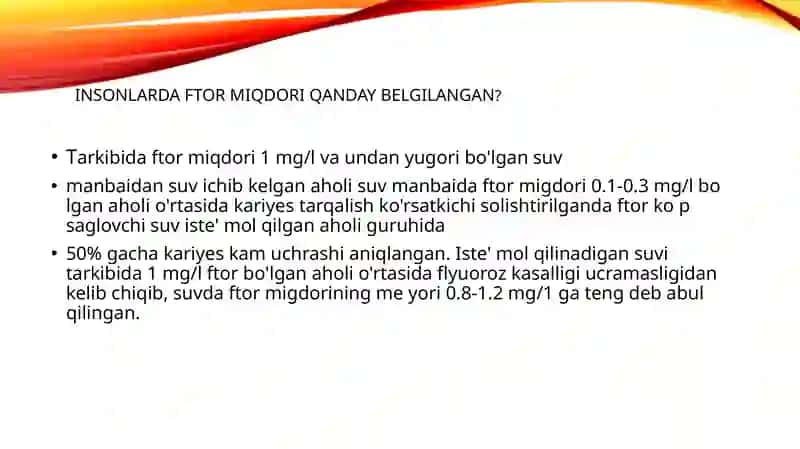 Mavzu:Stomatologik kasalliklar profilaktikasida ftor saqlovchi birikmalarning ahamiyati. Ftor saqlovchi tabletkalar. 2