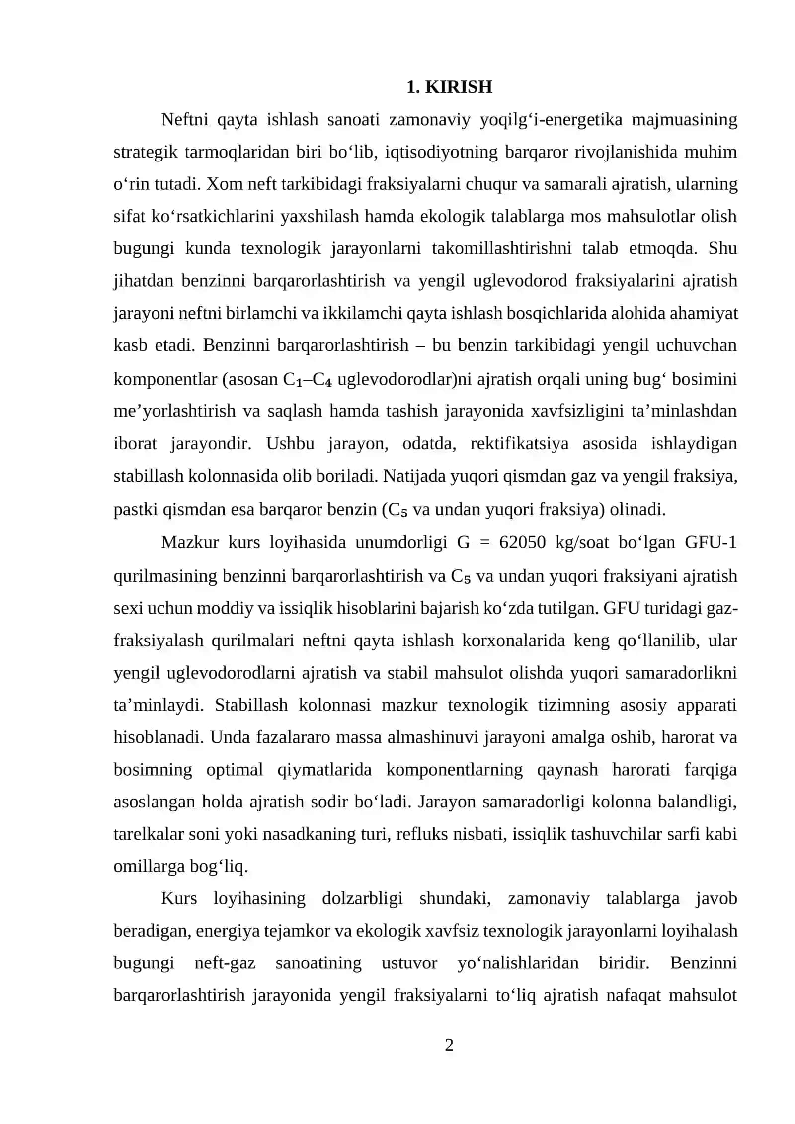 Unumdorligi G=62050 kg/soat bo'lgan GFU-1 qurilmasining benzinni barqarorlashtirish va C₅ va undan yuqori fraktsiyani ajratish sexini moddiy va issiqlik xisoblarini bajaring. Asosiy qurilma stabillash kolonnasi. 2