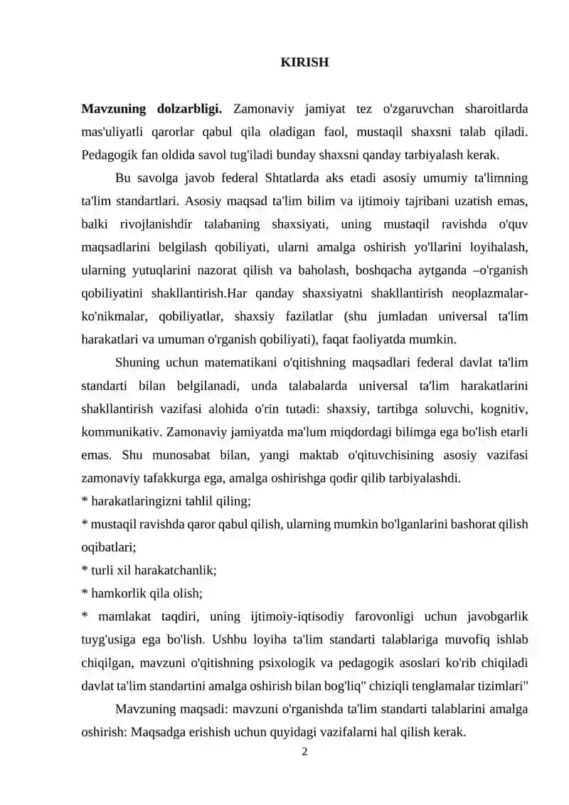 "CHIZIQLI TENGLAMALAR TIZIMLARI" MAVZUSINI O'QITISHNING NAZARIY ASOSLARI 2