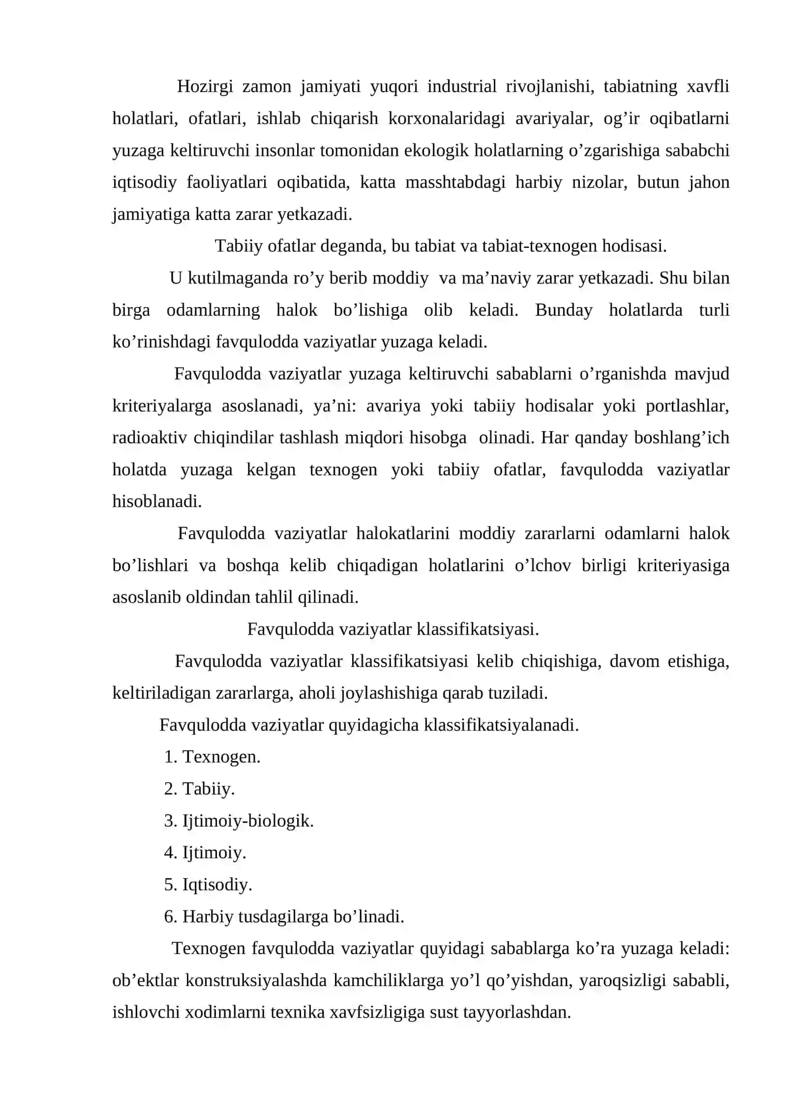 Yuzaga kelishi mumkin bo’lgan favqulodda vaziyatlar tasnifi 2