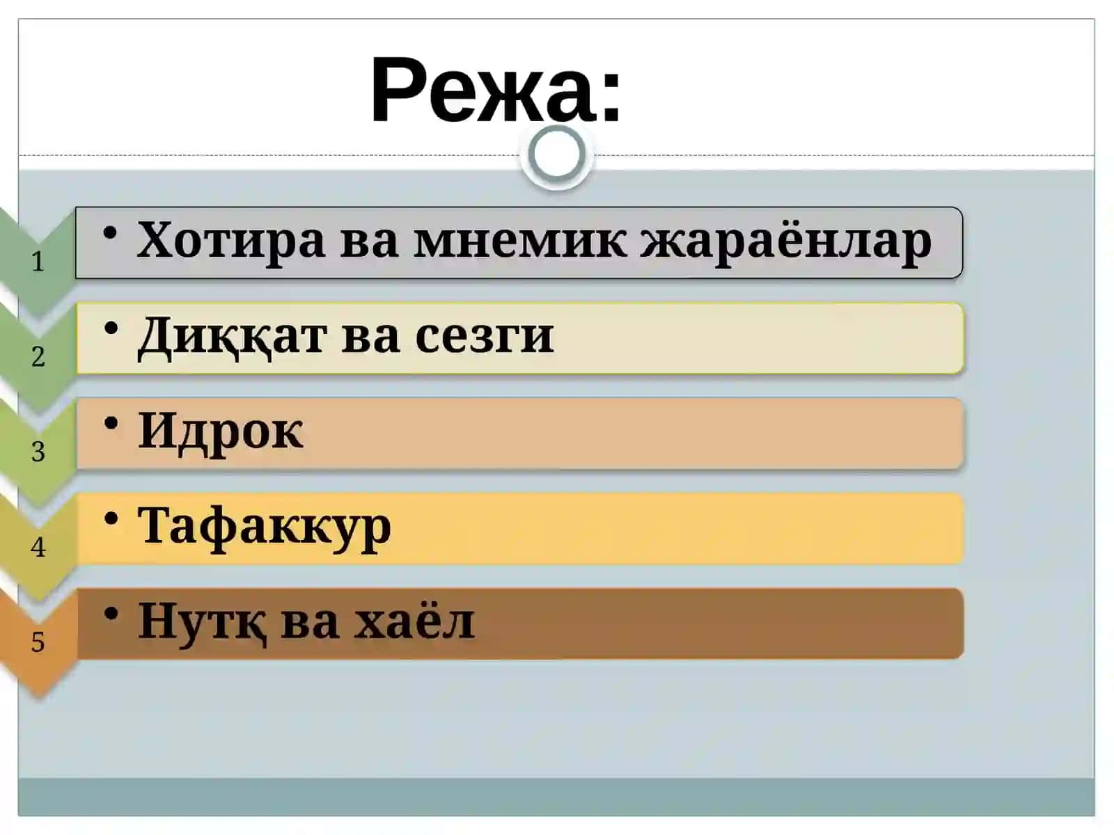 Шахснинг психик билиш жараёнлари хотира, диққат, сезги, идрок, тафаккур, нутқ, хаёл 2