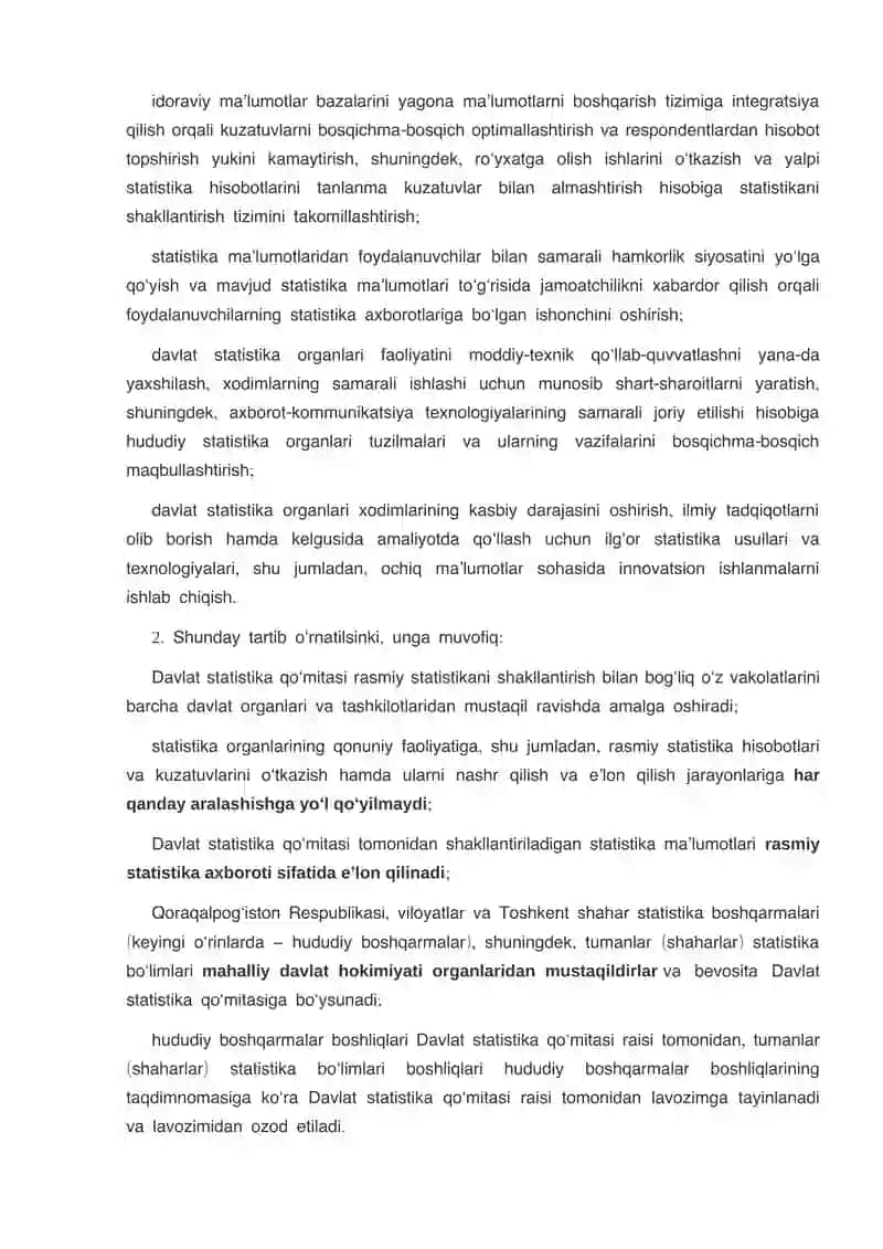 Milliy statistika tizimini yanada takomillashtirish va rivojlantirish chora-tadbirlari 2