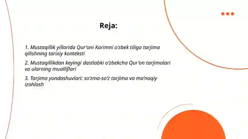 Mustaqillik yillarida Qu'oning oʻzbek tiliga tarjima qilinishi va tafsirlari haqida taqdimot 2