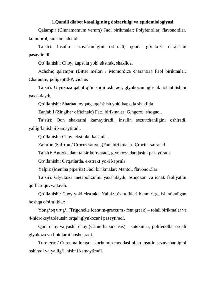 QANDLI DIABET KASALLIGINI DAVOLASH XUSUSIYATIGA EGA BO'LGAN TABIIY BIRIKMALAR SAQLANGAN O‘SIMLIKLARNI ANIQLASH 2