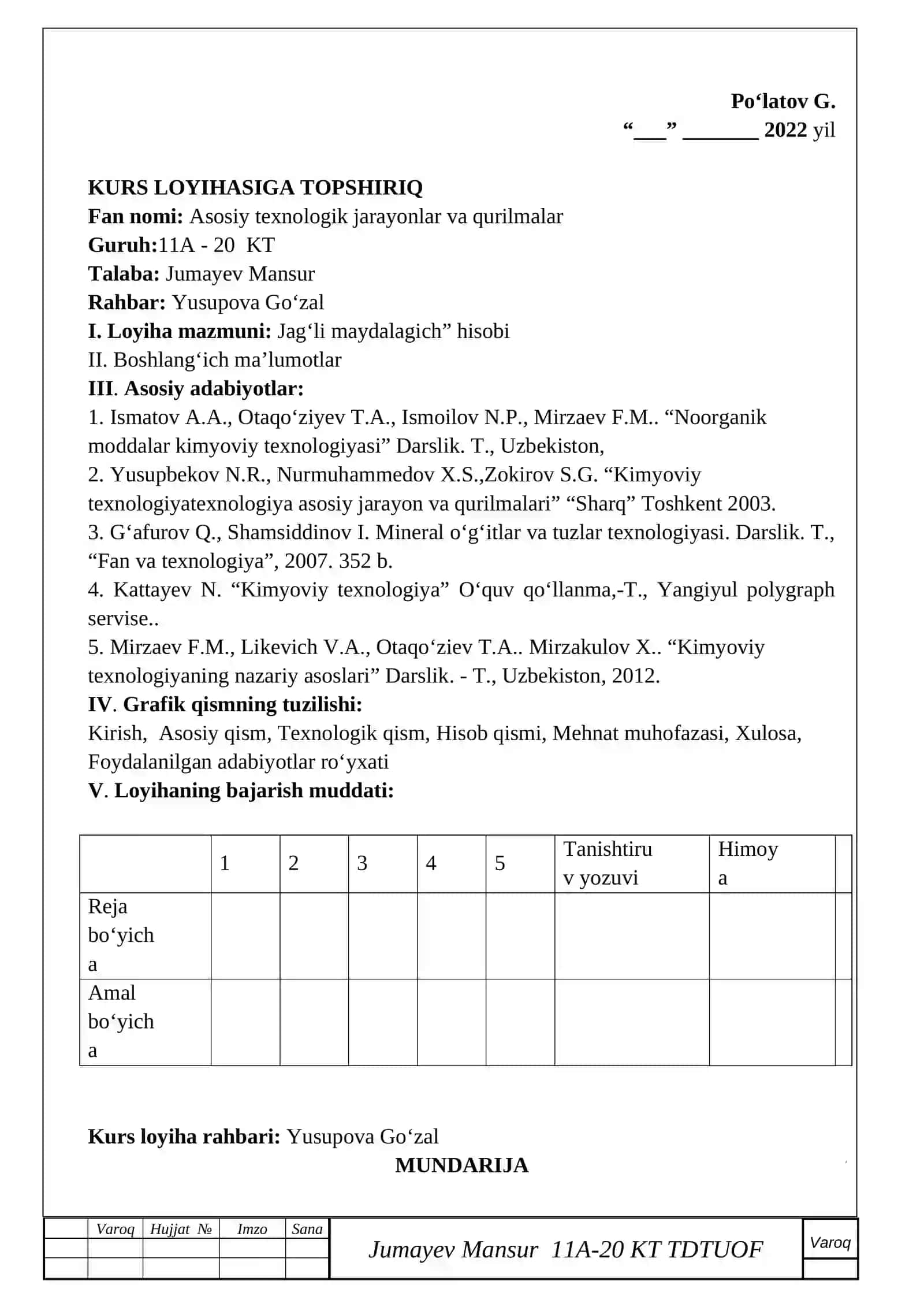 ASOSIY TEXNOLOGIK JARAYONLAR VA QURILMALAR FANIDAN KURS LOYIHASI 2