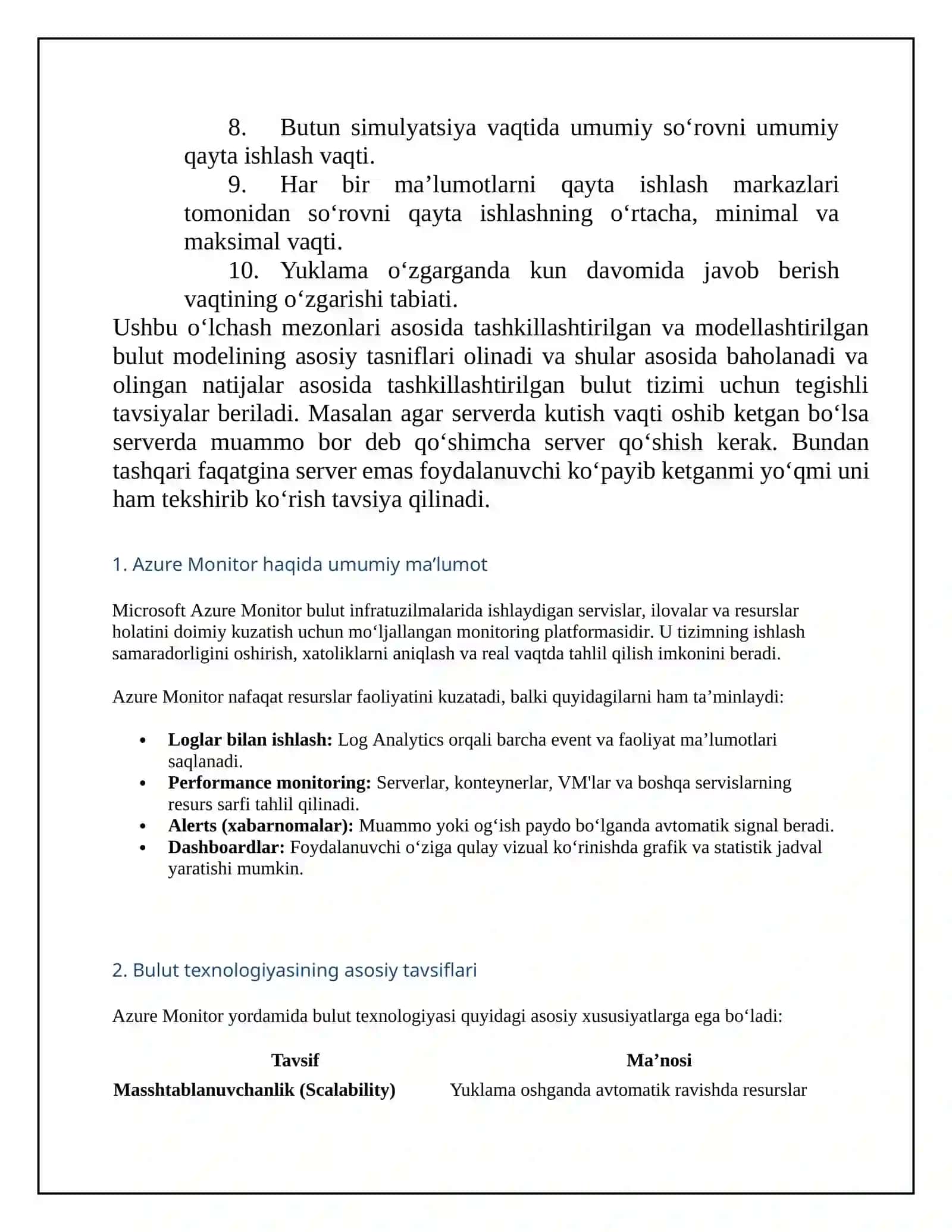 “Microsoft Azure Monitor” dasturida bulut texnologiyasining asosiy tavsiflari tahlili 2