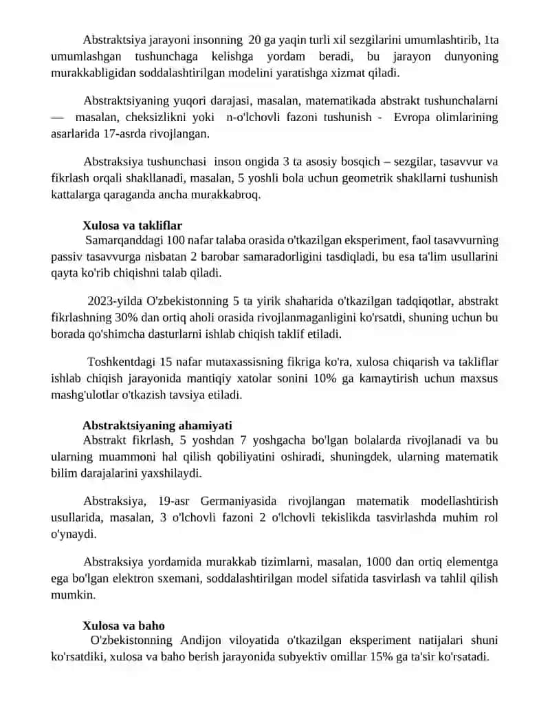 Abstraksiya tushunchasi, xulosa va hukm; Aktiv va passiv xayol turlari 2