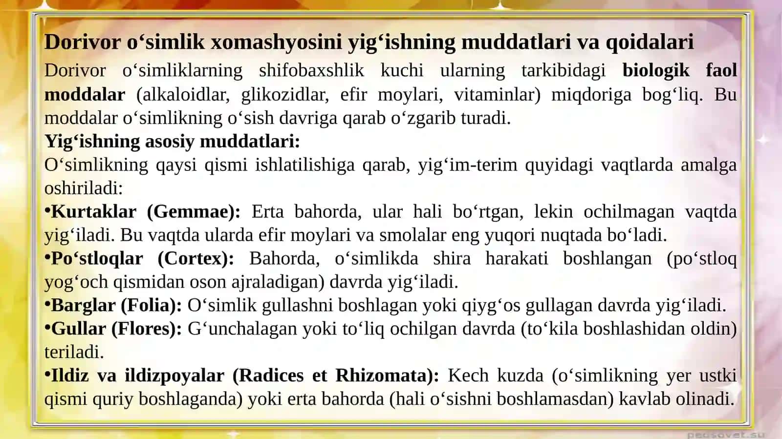 Dorivor oʻsimlik xom-ashyolarini tayyorlash,quritish va saqlash 2