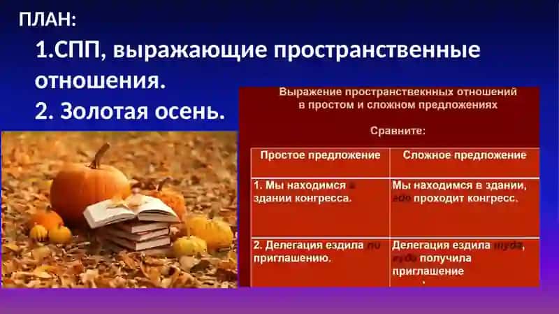 Тема: № 7.СПП выражающие пространственные отношения.Золотая осень 2