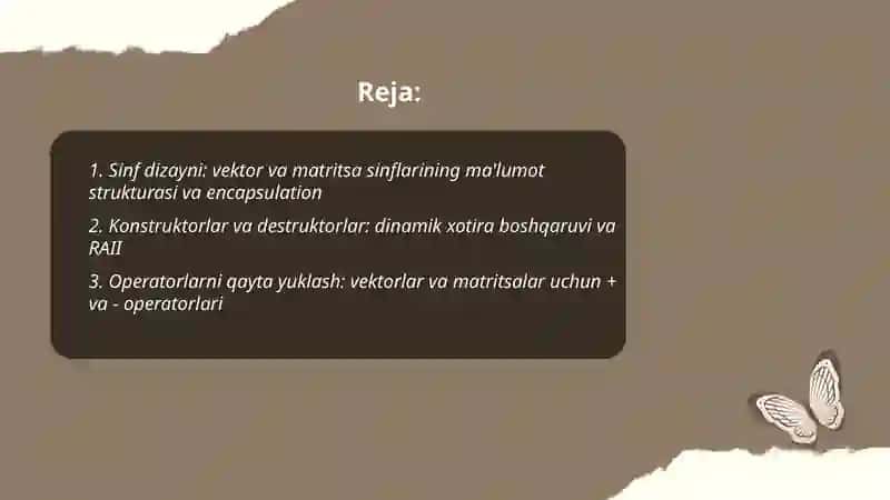 Kengaytirilgan operator, overloading orqali matematik vector yoki matritsa sinfini yaratish 2