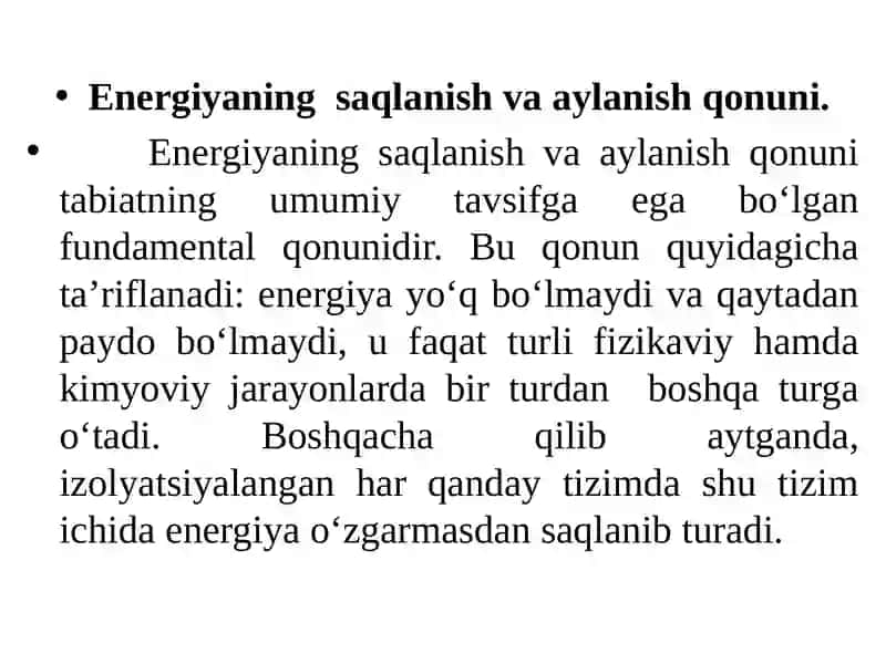 Termodinamikaning1- qonuni. Ichki energiya. Kengayish ishi. Entalpiya. Entropiya 2
