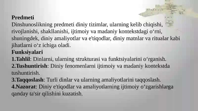 Dinshunoslikning fan sifatida shakllanishi, predmeti, funksiyalari, kategoriyalari 2