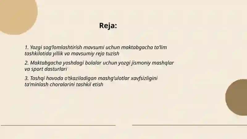 Yozgi sogʻlomlashtirish mavsumini tashkil etish 2