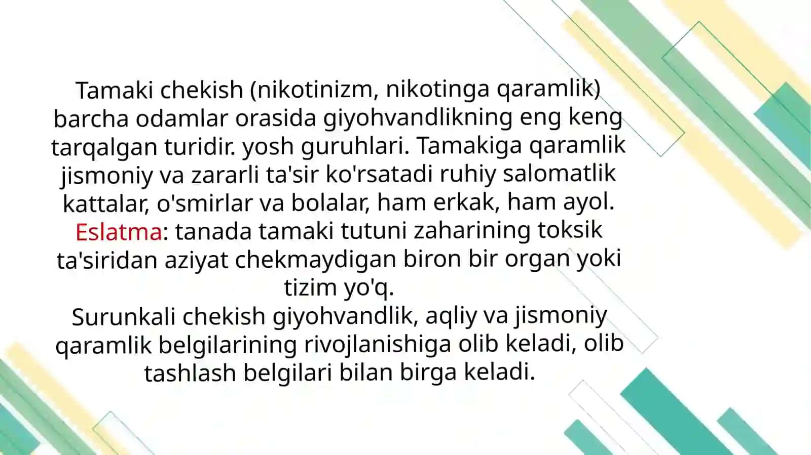 NIKOTINIZM VA UNING ASORATLARI. NIKOTINIZMNING O’SMIRLAR VA AYOLLAR ORGANIZMIGA TA’SIRI 2