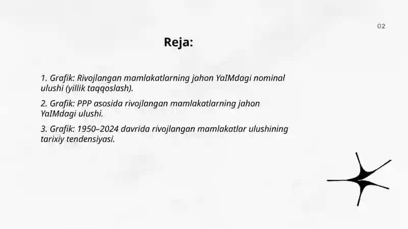 Rivojlangan mamlakatlar iqtisodiyotining jahon xójaligidagi ulushini grafik orqali ifodalash 2