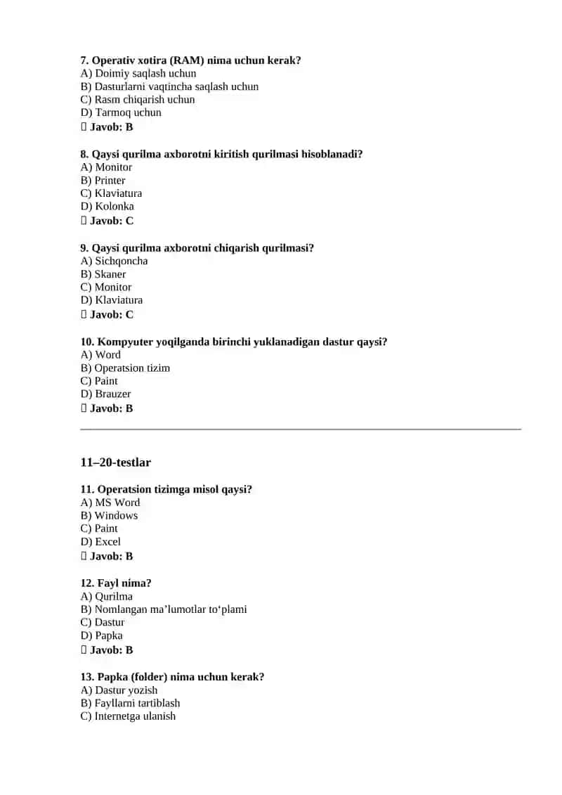 Informatika fanidan atestatsiya test savollari (70 ta) 2