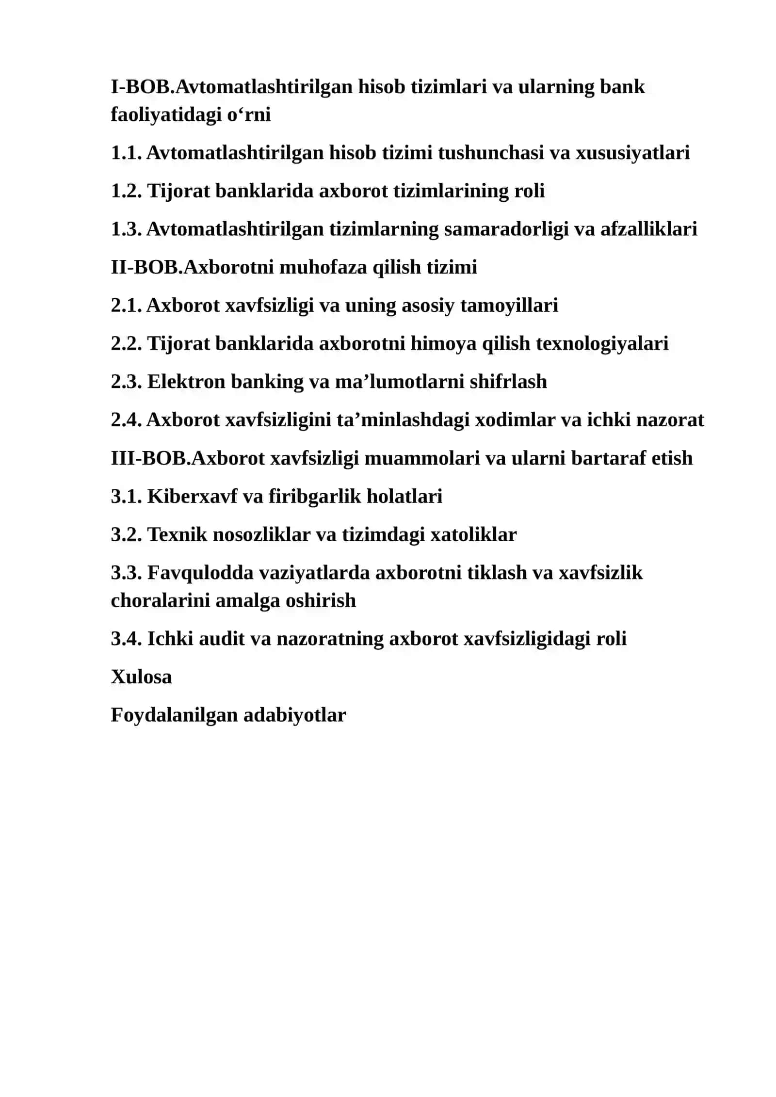 O'ZBEKISTON RESPUBLIKASI TIJORAT BANKLARI AVTOMATLASHTIRILGAN HISOB TIZIMLARIDA AXBOROTNI MUHOFAZA QILISH 2