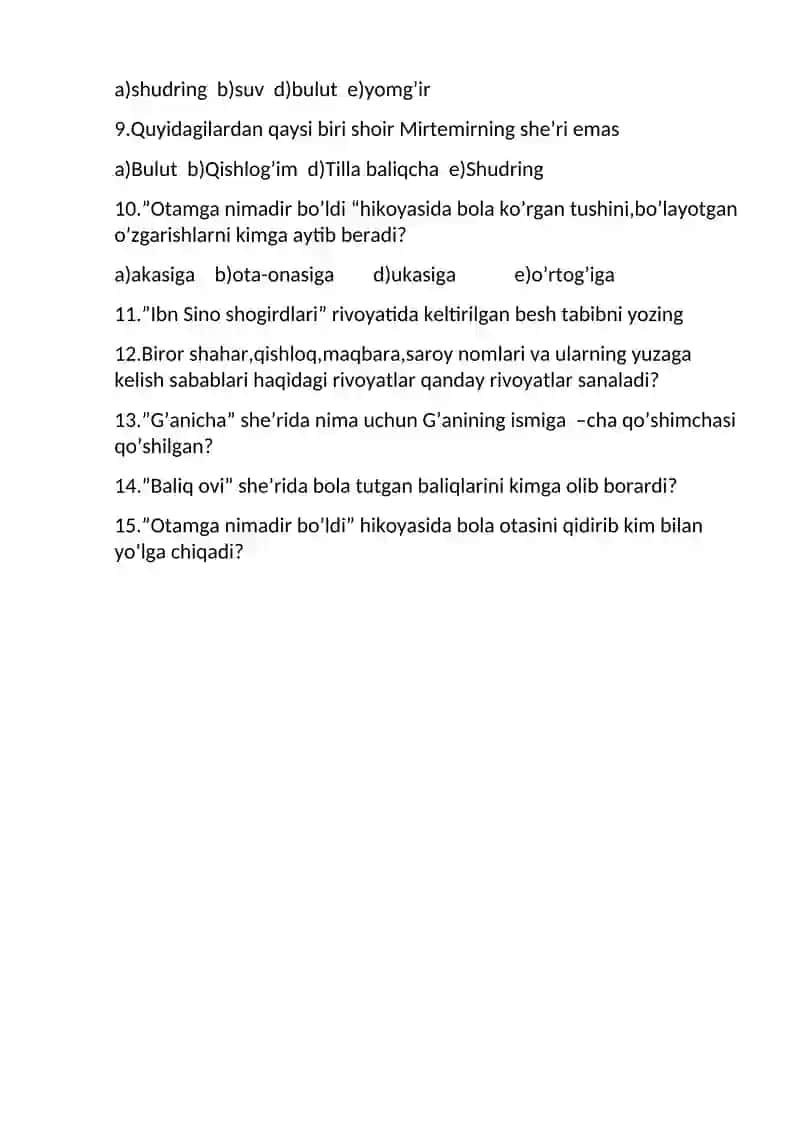 Adabiyot 5-sinf II chorak testi 2