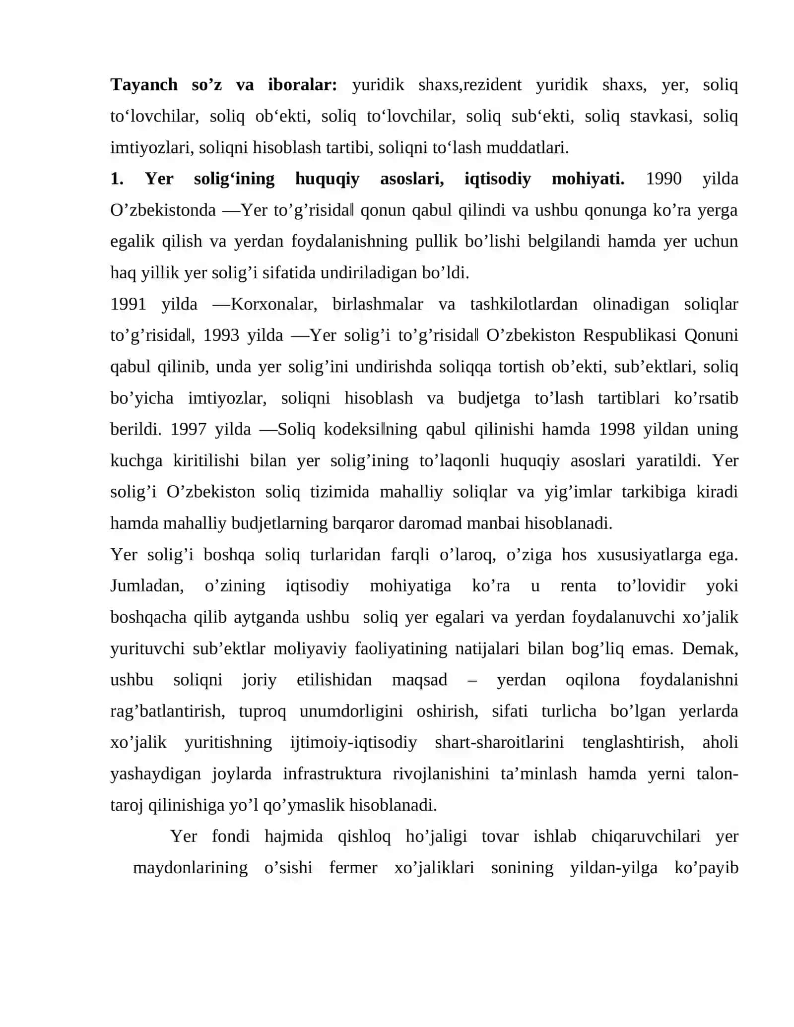 Yer solig’ining huquqiy asoslari, iqtisodiy mohiyati 2