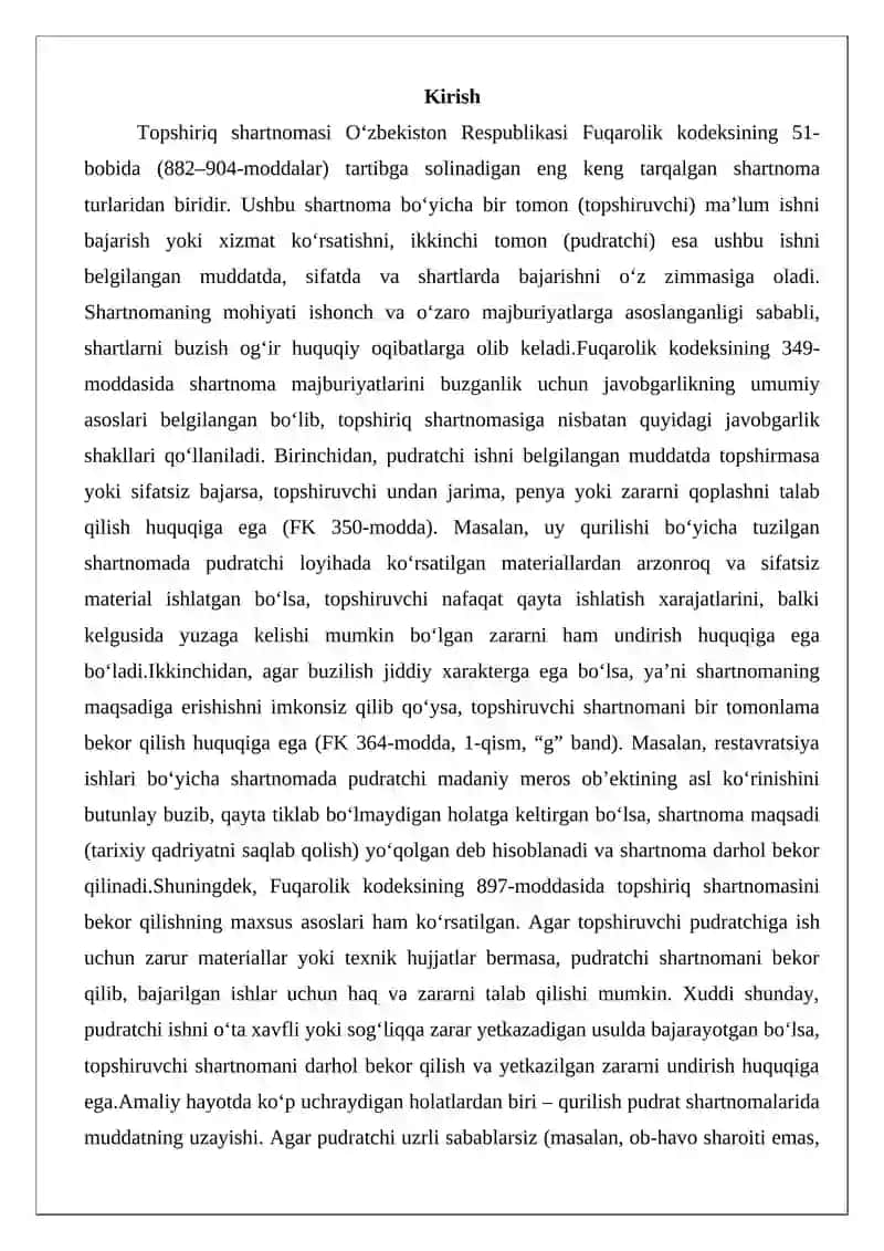 Topshiriq shartnomasi shartlarini buzganlik uchun javobgarlik va shartnomani bekor qilish asoslari 2