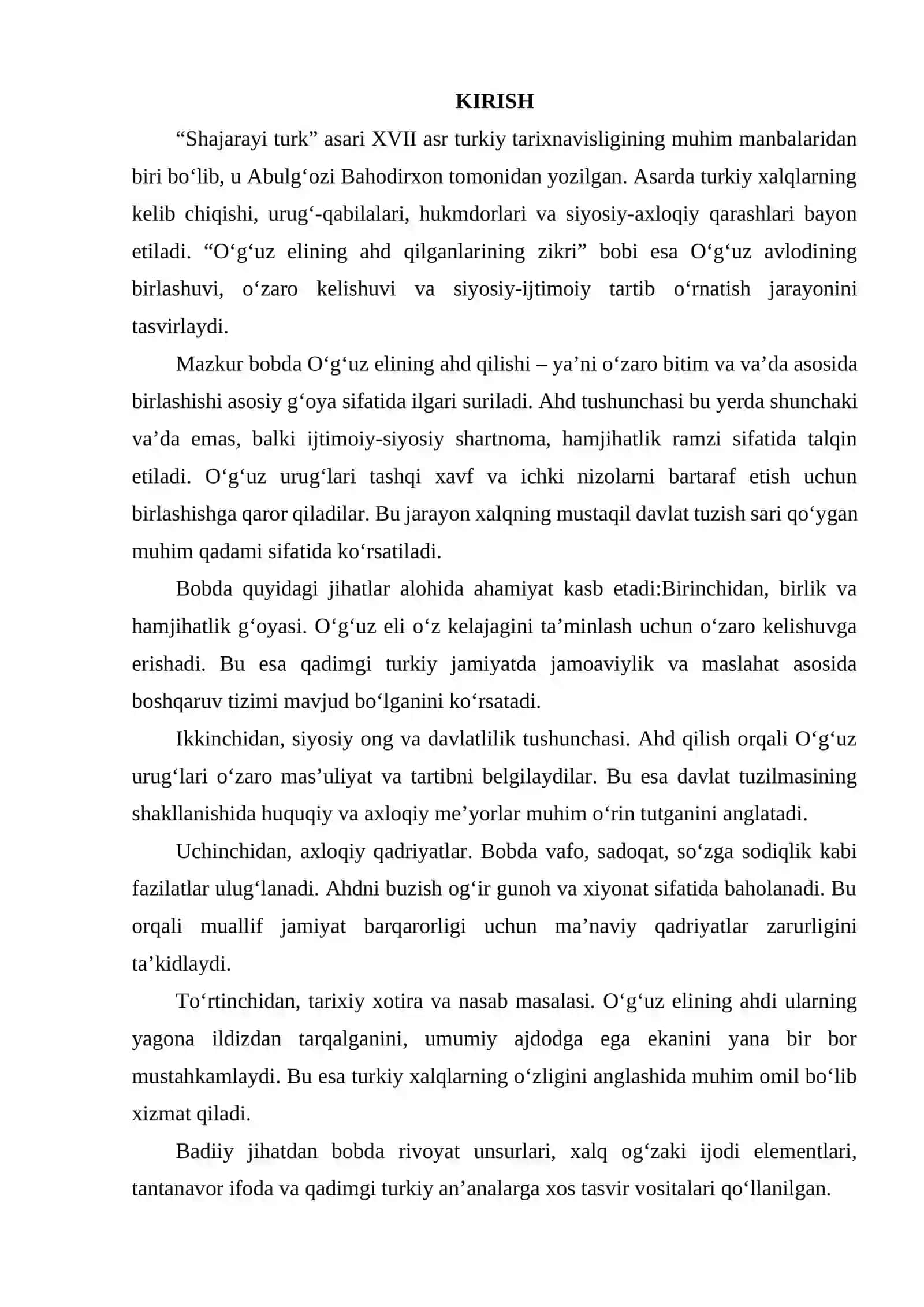 “SHAJARAYI TURK” DAGI “O’G’UZ ELINING AHD QILGANLARINING ZIKRI” BOBI TAHLILI 2