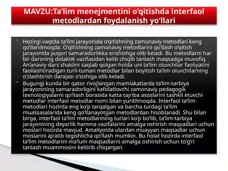 "TA’LIM MENEJMENTINI O‘QITISHDA INTERFAOL METODLARDAN FOYDALANISH YO‘LLARI" 2