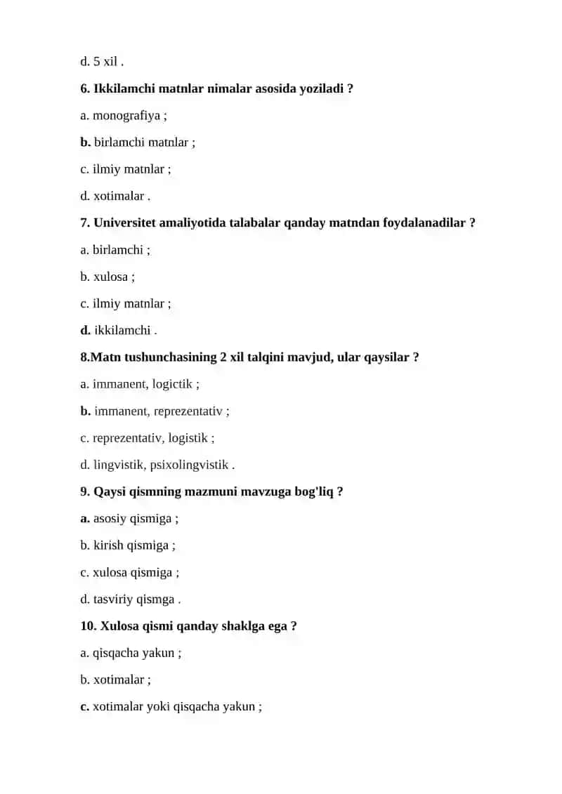 Akademik yozuv fanidan "Ilmiy matnda dalillar, obyektlar, jarayonlar va xulosalarning berilishi. Ilmiy tadqiqot matnini yaratish. Mavzuni tanlash. Iqtibos keltirish. Parafraza" mavzusida test savollari (javoblari bilan) 2