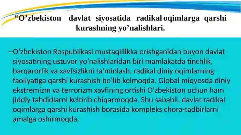 O’zbekiston davlat siyosatida radikal oqimlarga qarshi kurashning yo’nalishlari 2