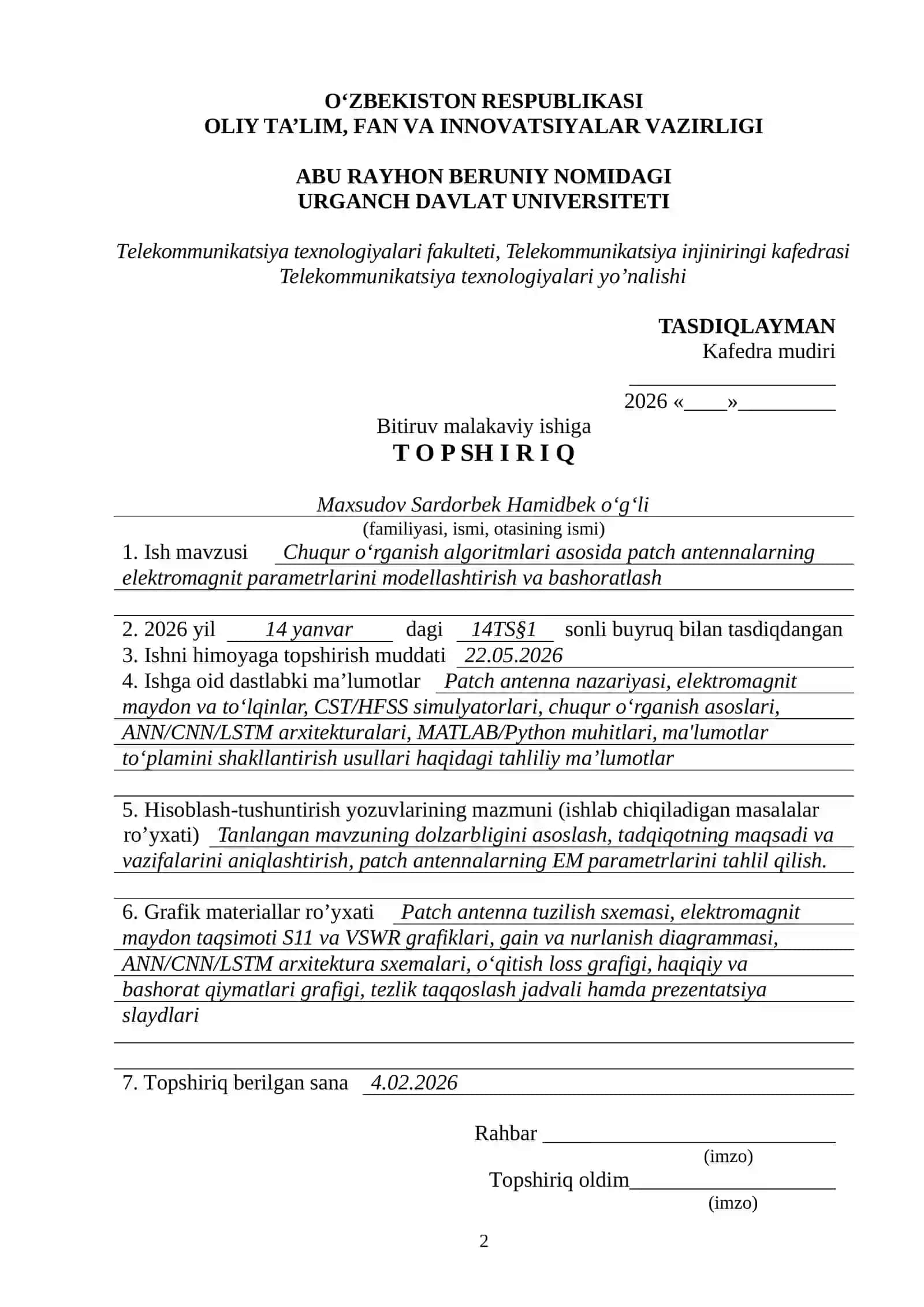 Chuqur o‘rganish algoritmlari asosida patch antennalarning elektromagnit parametrlarini modellashtirish va bashoratlash mаvzusidа 2