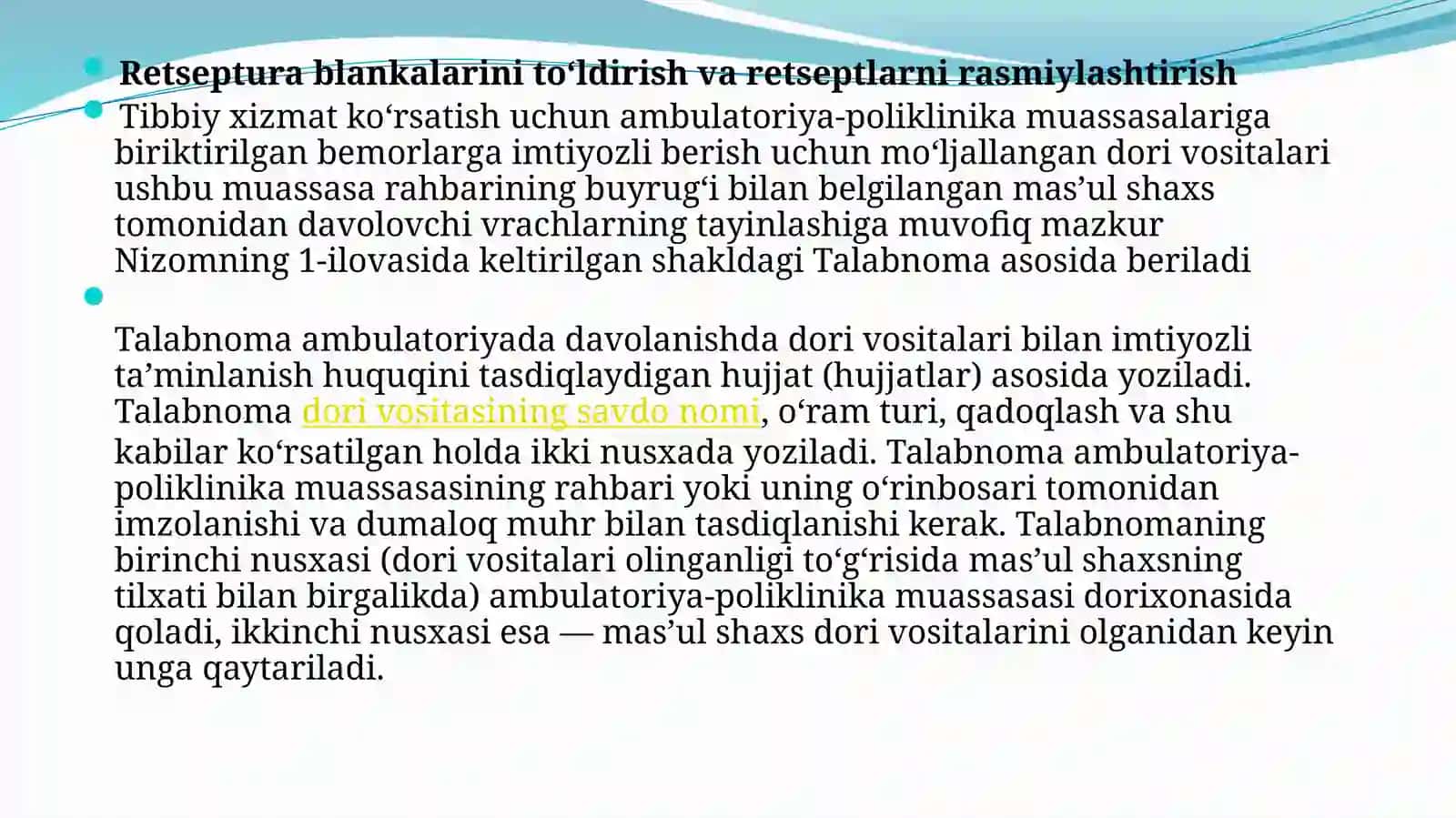 O`zbekiston Respublikasi Prezidentining retseptura asoslangan qonun va farmoyishlari 2