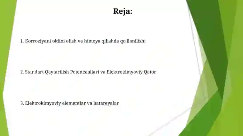Metallarning standart elektrokimyoviy potensiyallari qatori va qo'llash 2