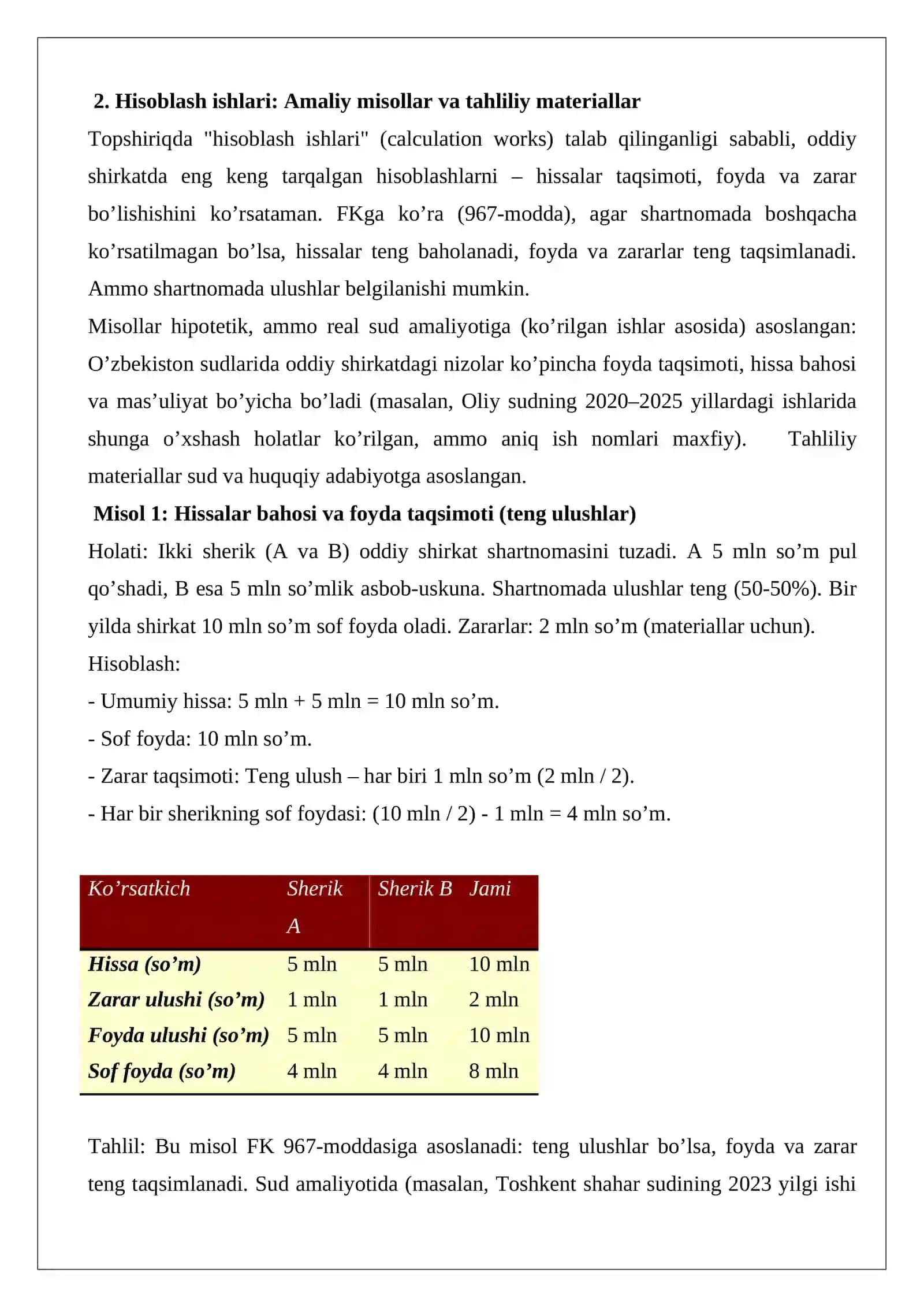 Oddiy shirkat shartnomasi va uning tadbirkorlik faoliyatidagi o’rni 2
