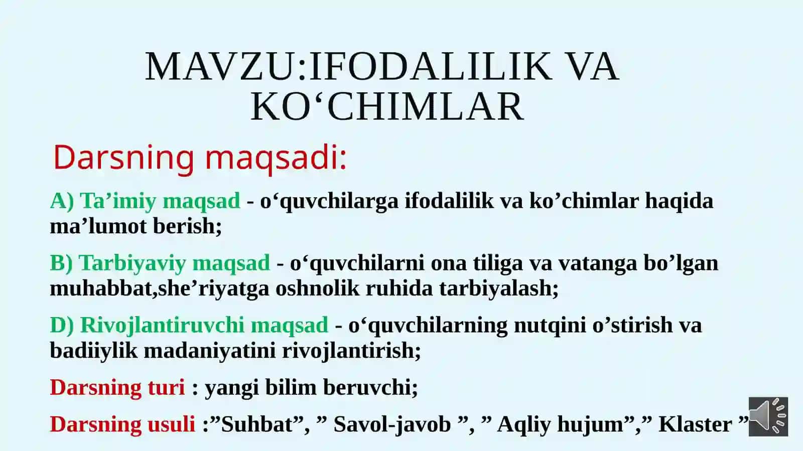 11-sinf Ona tili fanidan Ifodalilik va ko'chimlar mavzuda dars taqdimoti 2