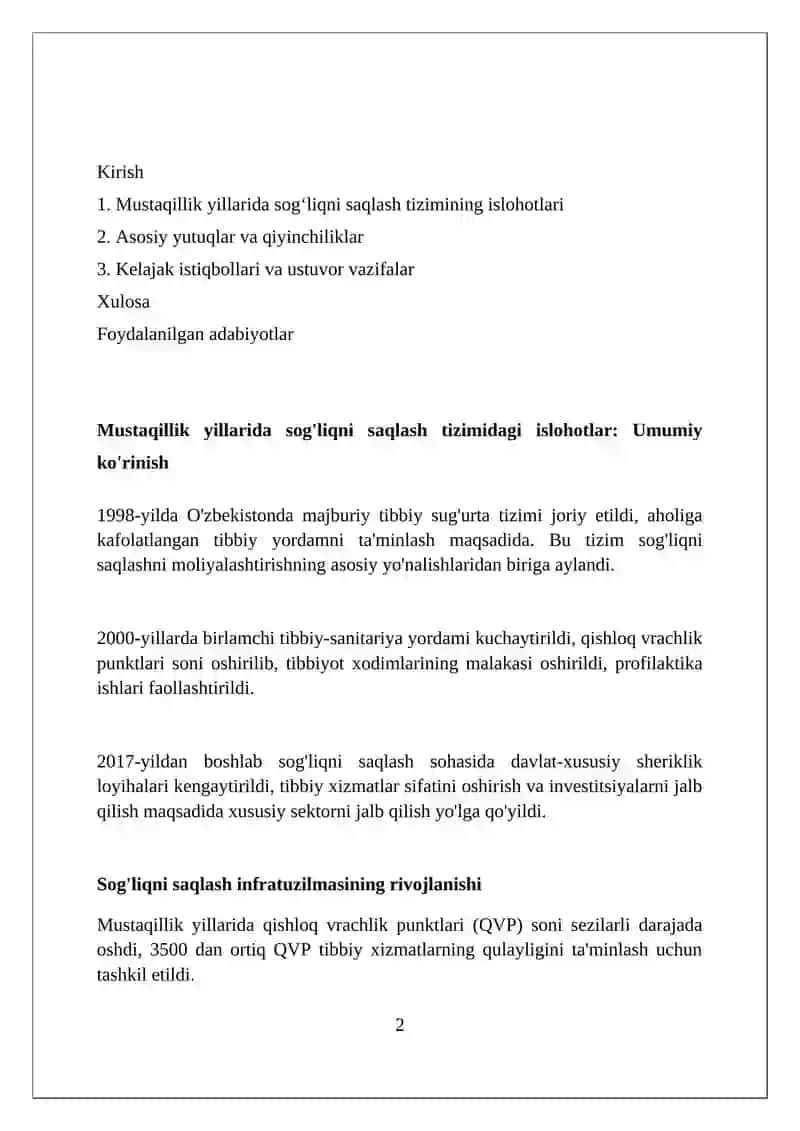 Mustaqillik yillarida sog'liqni saqlash tizimi islohotlari 2
