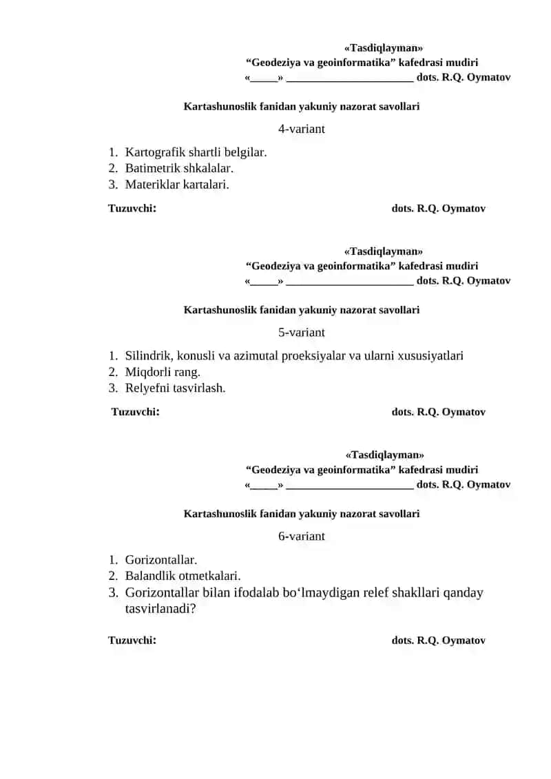 Kartashunoslik fanidan yakuniy nazorat savollari 2