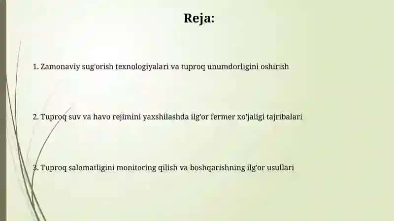 Tuproqning suv va havo rejimlarini yahshilash boyicha ilg'or Fermer xo'jaliklari tajribalari 2